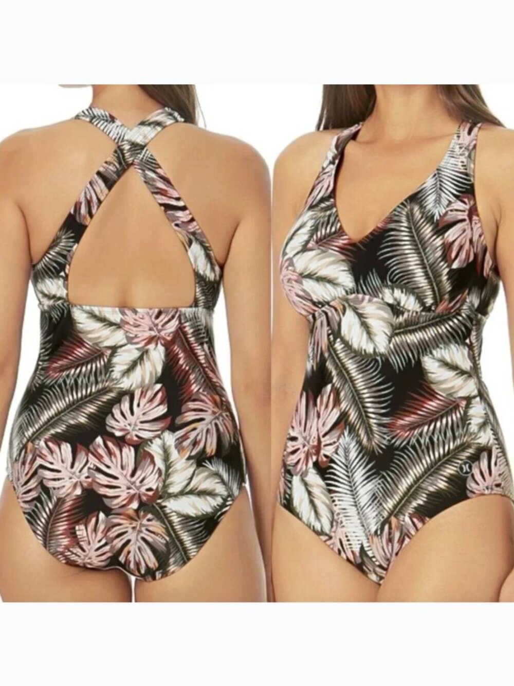 NEW NWT HURLEY Black Mauve Pink Multi Floral Crossback One Piece Swimsuit Small